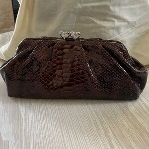 Brighton Dark Brown Patent Snake-Embossed Clutch with Heart Kiss-Lock